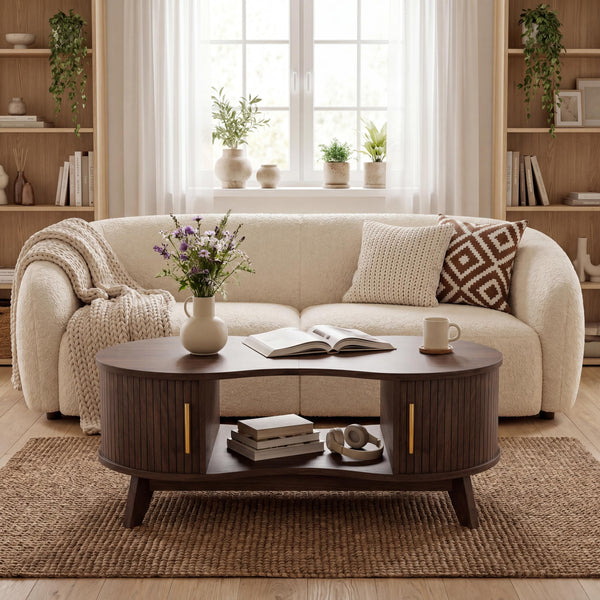 Dual Oval Coffee Table with Storage & Sliding Tambour Door