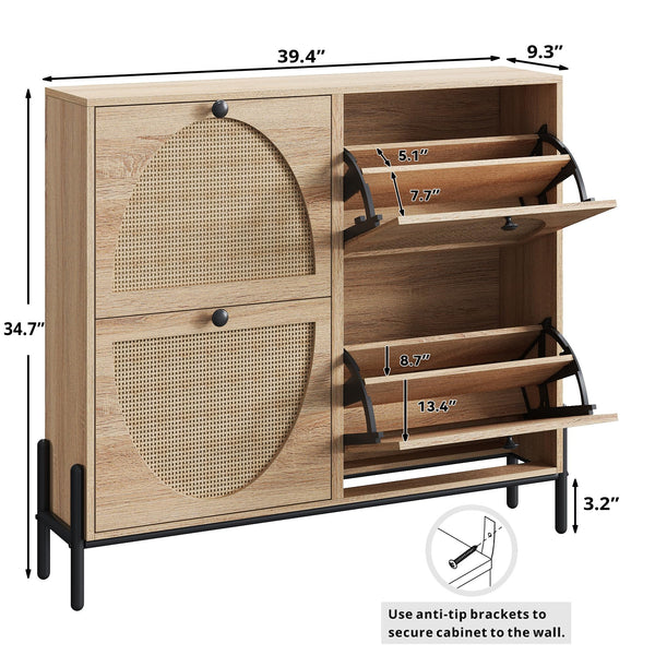 Rattan Shoe Cabinet with 4 Flip Drawers