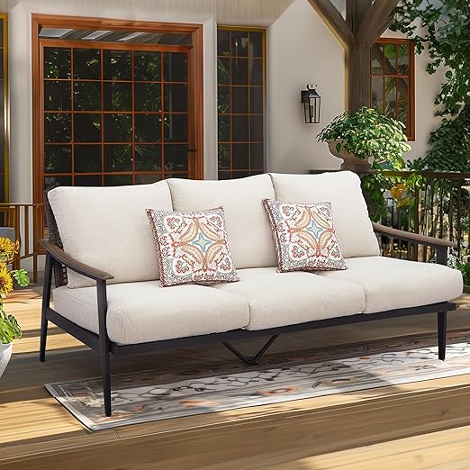 Outdoor Patio Loveseat Sofa with Wicker Backrest & Thick Cushion