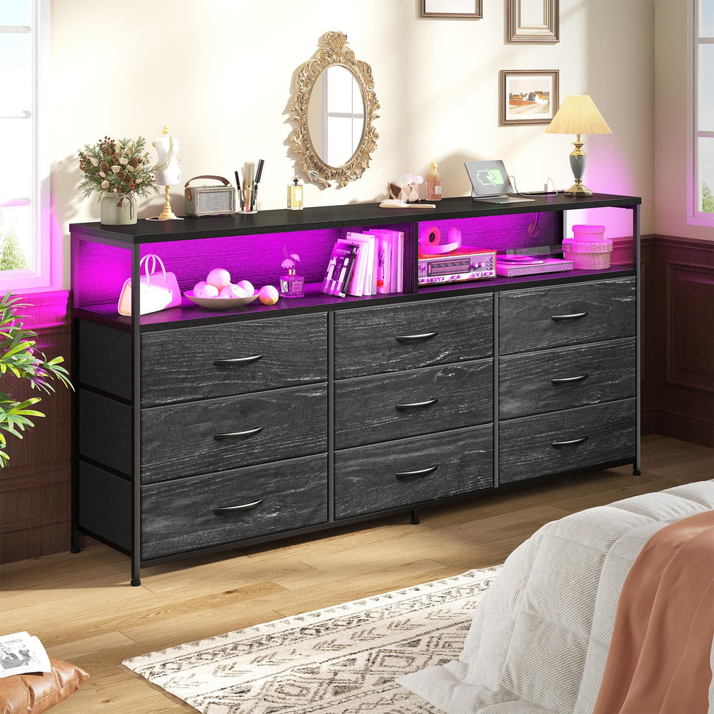 Long Dresser with 9 Drawers, LED TV Stand & Power Outlets