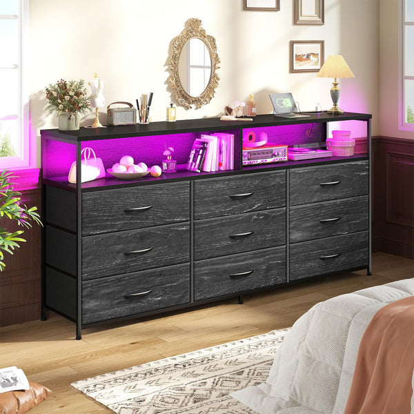 Long Dresser with 9 Drawers, LED TV Stand & Power Outlets