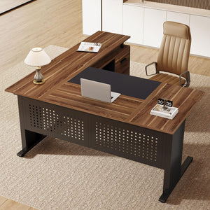 L-Shaped Executive Desk with File Cabinet and Storage Shelves
