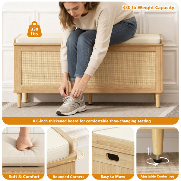Keehusux 47.2" Rattan Storage Chest with Padded Seat Cushion, Extra Large Storage Bench with 2 Safety Hinges, Storage Trunk with Solid Wood Legs & Rounded Corners for Entryway, Bedroom, Natural Oak