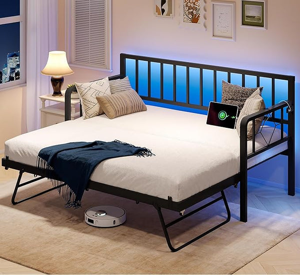 Twin Daybed with Trundle, Charging Station & LED Lights