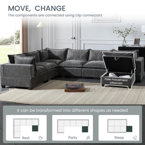 U-Shaped Sectional Sofa with Storage Ottoman – 7-Seat Chenille Couch, Grey