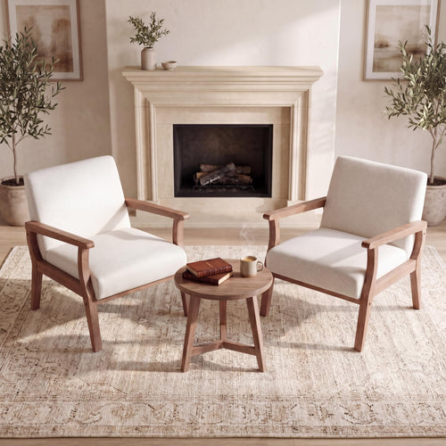 Mid-Century Modern Accent Chair – Beige Linen, Wood Frame