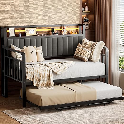 Metal Daybed with Trundle, LED Headboard & Charging Station