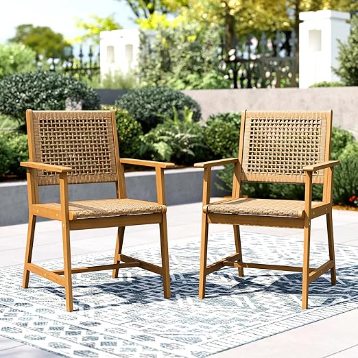 Acacia Wood Outdoor Dining Set with Wicker Chairs – Farmhouse Patio Table Set