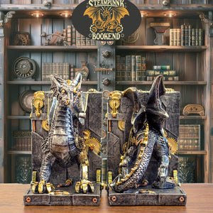 Steampunk Dragon Bookends – Metallic Resin, Set of 2
