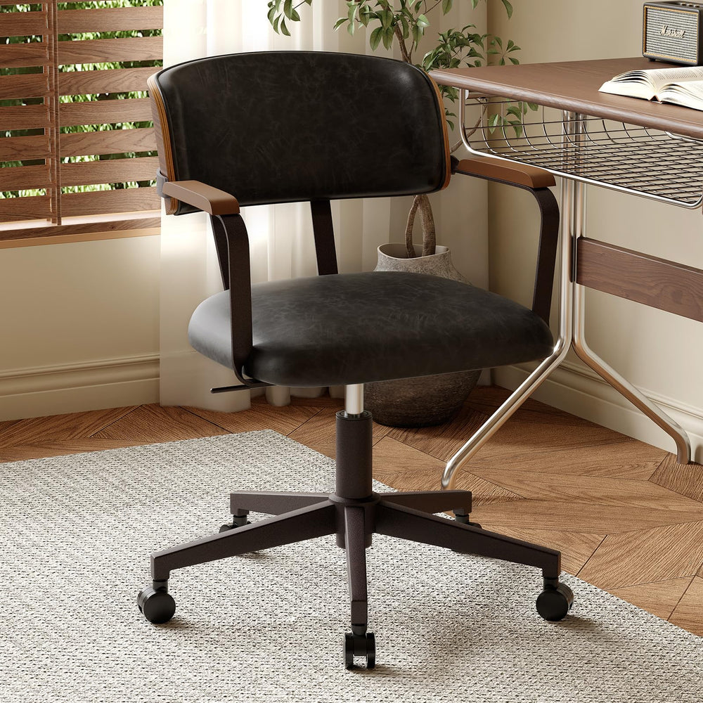 Mid-Century Modern Swivel Desk Chair – PU Leather, Walnut Bentwood Back, Black