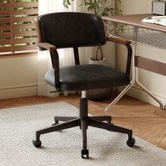 Mid-Century Modern Swivel Desk Chair – PU Leather, Walnut Bentwood Back, Black