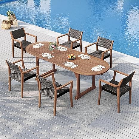 9-Piece Expandable Acacia Wood Patio Dining Set with Rattan Chairs