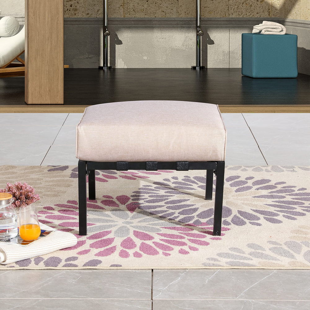 Outdoor Patio Ottoman with Cushion — Square Metal Footstool, Beige