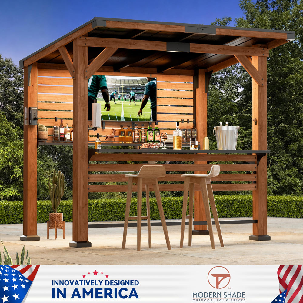 Cedar Wood Outdoor Entertainment Gazebo with Bar, TV Mount & Charging Ports