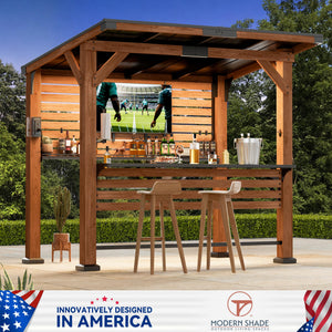 Cedar Wood Outdoor Entertainment Gazebo with Bar, TV Mount & Charging Ports