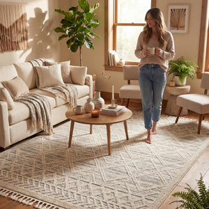 Moroccan Lattice Tassel Area Rug 8x11 | High-Pile Plush Shag | Light Grey