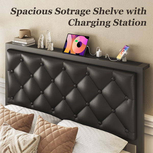 Metal Platform Bed Frame with Storage Drawers & Charging Station