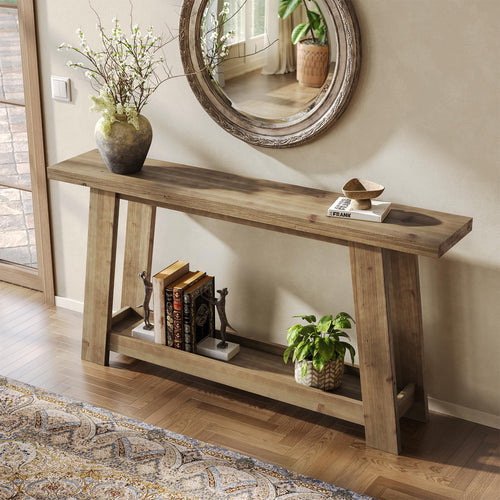 63-Inch Solid Wood Farmhouse Console Table with 2-Tier Shelf