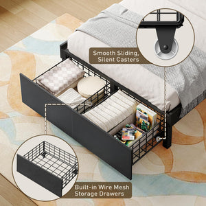 Bed Frame with 2 Storage Drawers and Wooden Slats, No Box Spring Needed