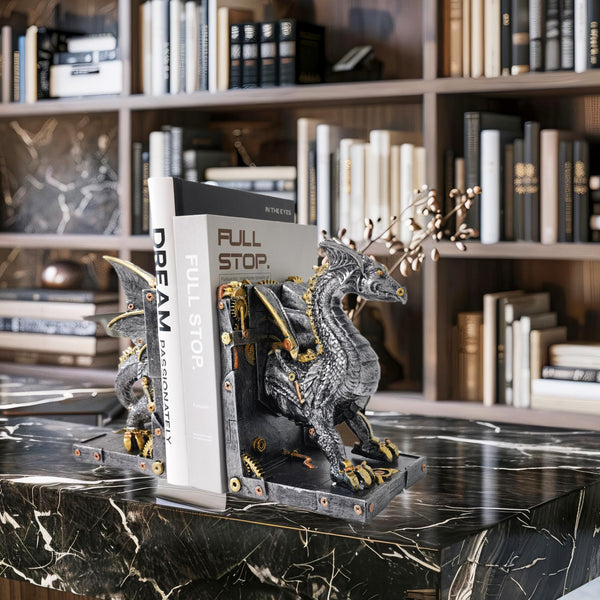 Steampunk Dragon Bookends – Metallic Resin, Set of 2