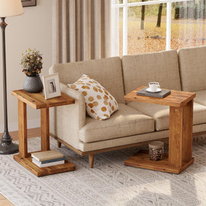 Solid Wood C-Shaped End Table with 2-Tier Storage