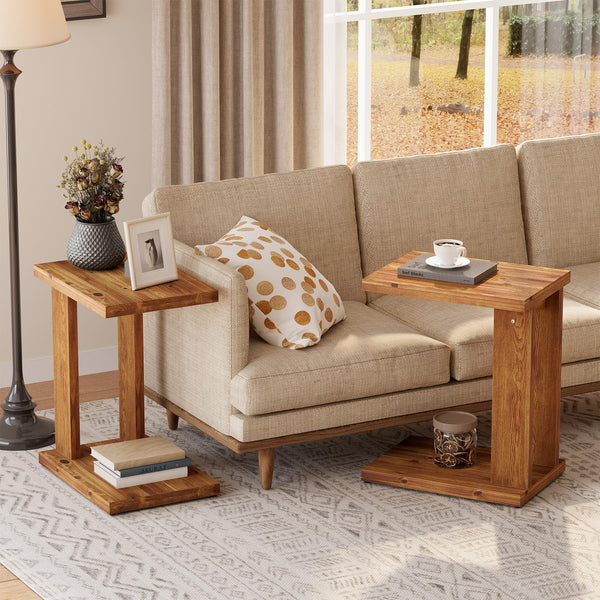 Solid Wood C-Shaped End Table with 2-Tier Storage