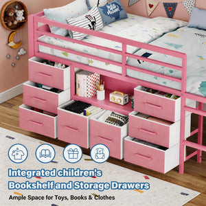 Twin Low Loft Bed with 8 Storage Drawers & Bookcase