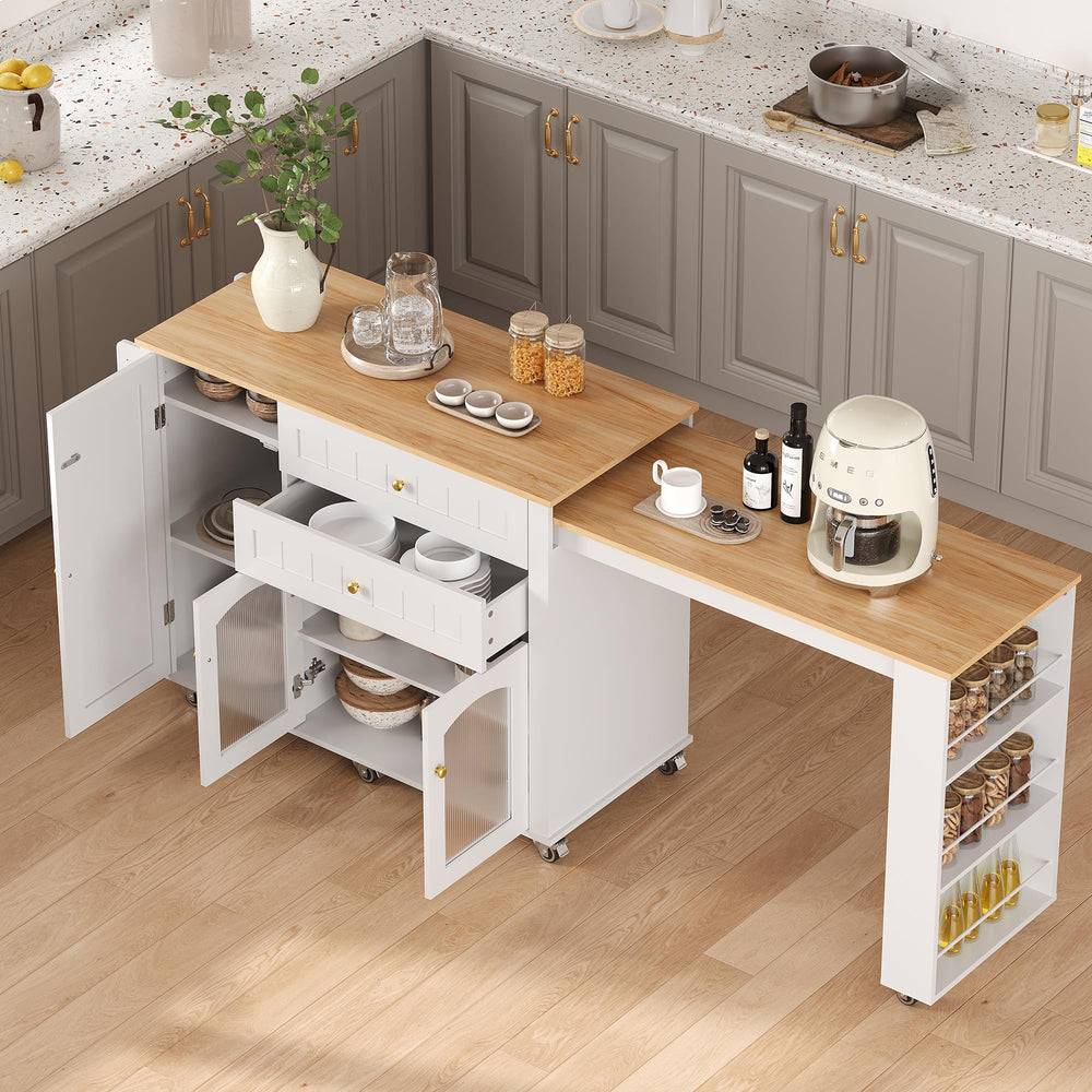 Extendable Rolling Kitchen Island with Storage Cabinet, Drawers & Shelves