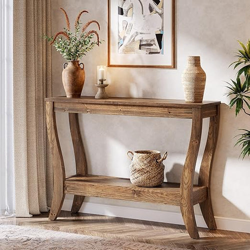 Solid Wood Farmhouse Console Table with 2-Tier Shelf