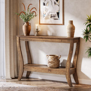 Solid Wood Farmhouse Console Table with 2-Tier Shelf