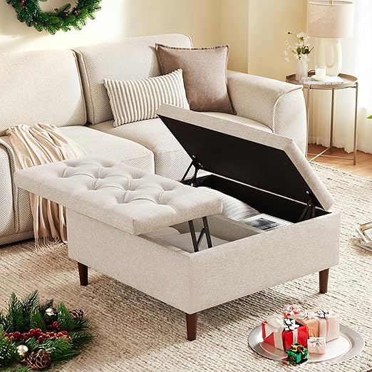 Large Lift-Top Storage Ottoman Coffee Table – Square Tufted Upholstered Ottoman