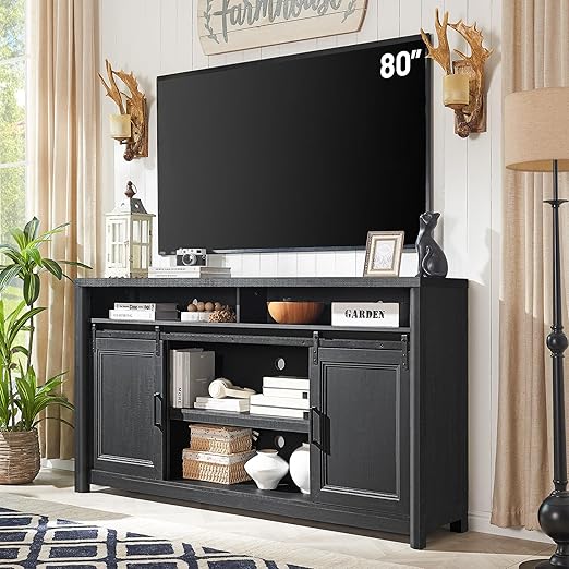 Farmhouse TV Stand with Sliding Barn Doors – Fits 80" TV