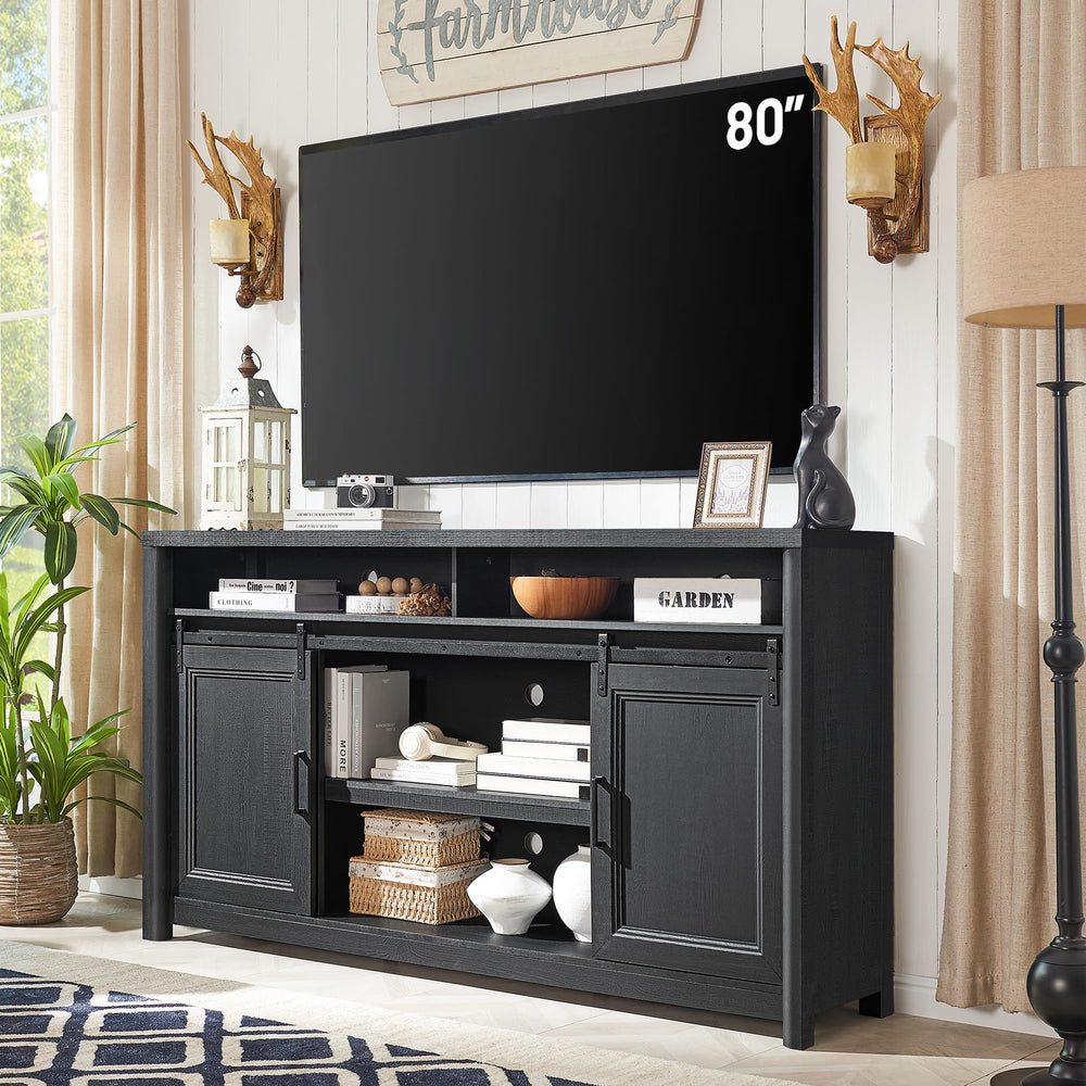 Farmhouse TV Stand with Sliding Barn Door – 70" Wide, Fits 80" TV