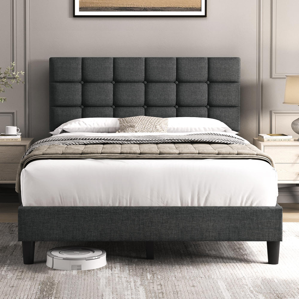 Upholstered Platform Bed Frame with Adjustable Tufted Headboard