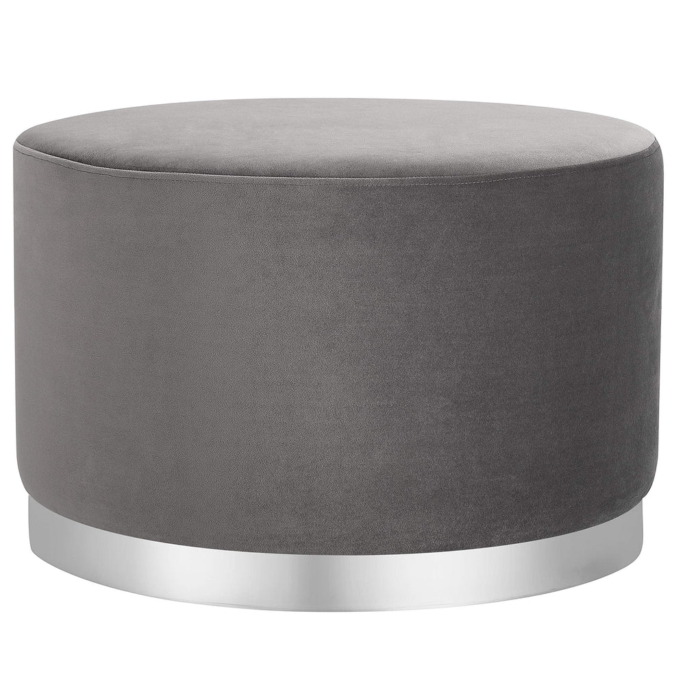 Round Grey Velvet Ottoman Pouf with Silver Trim