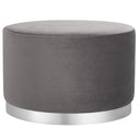Round Grey Velvet Ottoman Pouf with Silver Trim