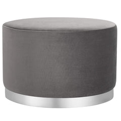 Round Grey Velvet Ottoman Pouf with Silver Trim