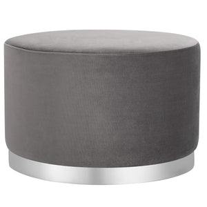 Round Grey Velvet Ottoman Pouf with Silver Trim