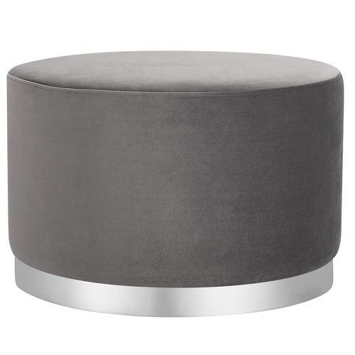Round Grey Velvet Ottoman Pouf with Silver Trim
