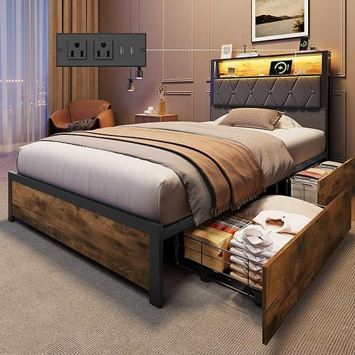 Platform Bed Frame with Storage Drawers & LED Lights