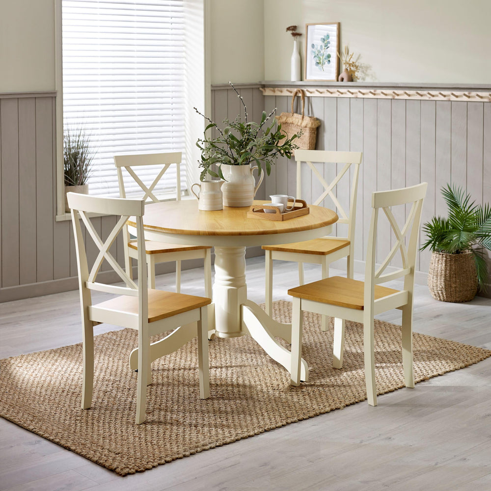 Round Wooden Dining Table Set with 4 Cross Back Chairs – Seats 4