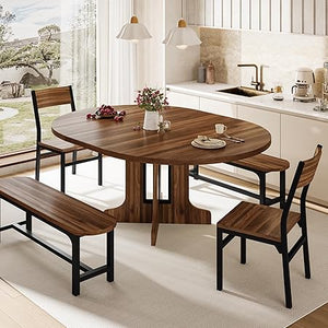 5-Piece Extendable Round Dining Table Set with Chairs and Benches
