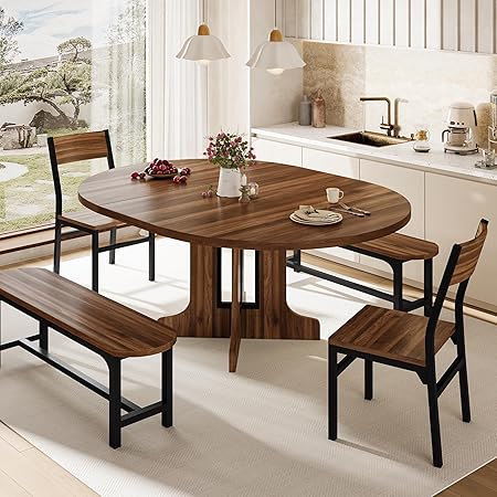 5-Piece Extendable Round Dining Table Set with Chairs and Benches