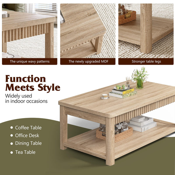 Wave-Edge Coffee Table with 2-Tier Storage