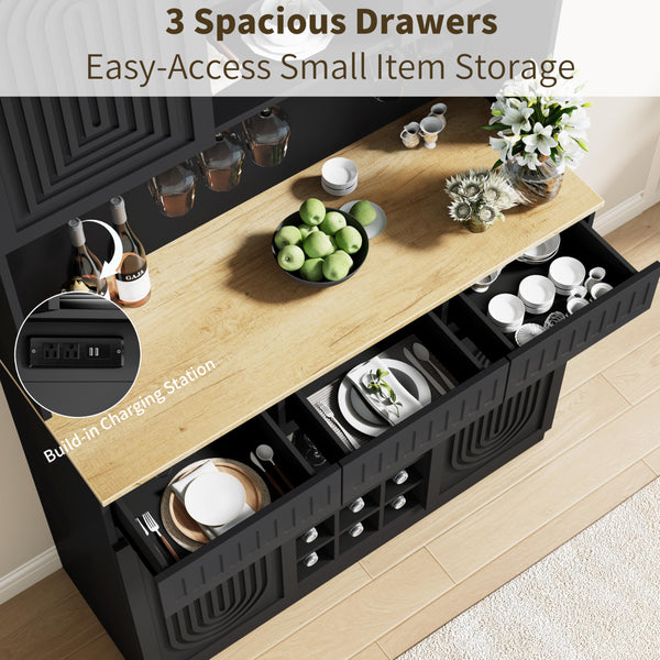 71-Inch Tall Wine Bar Cabinet with LED Lights & Charging Station