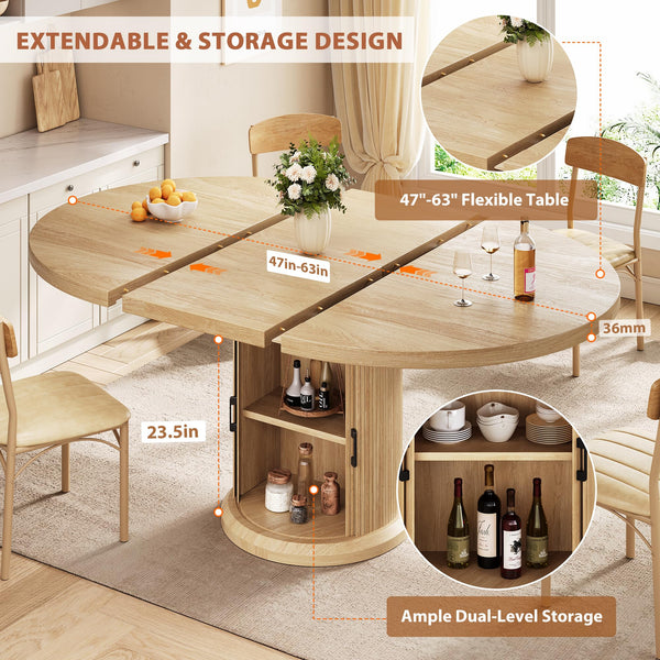 Extendable Round Dining Table with Storage Shelf