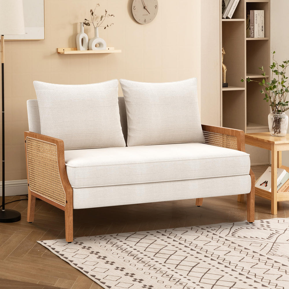 Mid-Century Modern Loveseat with Natural Rattan Arms