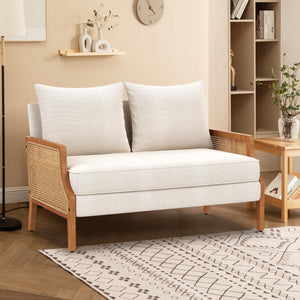 Mid-Century Modern Loveseat with Natural Rattan Arms