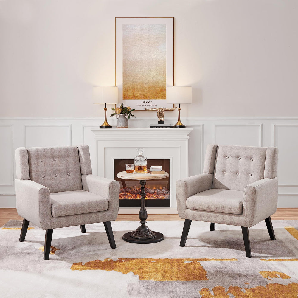 Mid-Century Modern Accent Chair – Button Tufted, Beige Linen