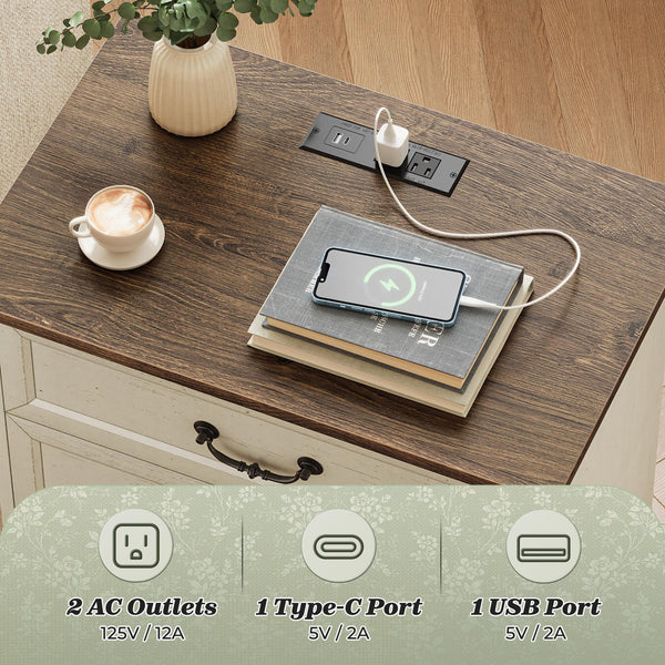 Farmhouse Nightstand with Charging Station & 3 Drawers